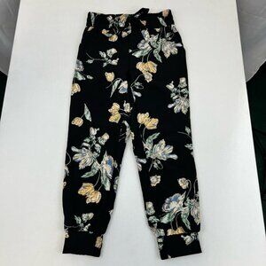 One Womens Jogger Pants Black Floral High Rise Elastic Waist Pockets XS